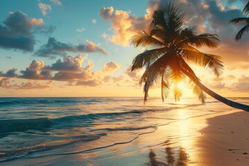 Wall Mural - Palm Tree Silhouette Against a Vibrant Sunset on the Beach