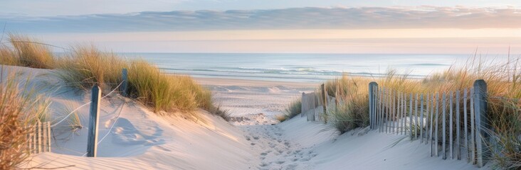 Poster - Beach Path at Dawn: A Tranquil Shoreline Escape