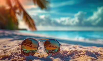 sunglasses on the beach sand during day, golden hour, sunset