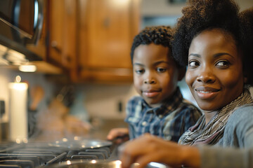 Wall Mural - A Mother and Son's Shared Kitchen: Preparing a Meal Together in the Evening