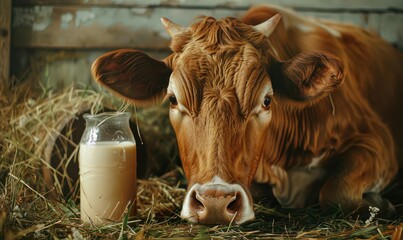 Wall Mural - Cow with a glass of milk in a grassy field.