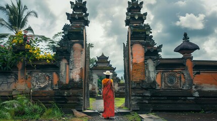 A traveler stands in front of a traditional gate in Bali, wearing local clothing. They are enjoying the culture and feeling the sacredness of the place.