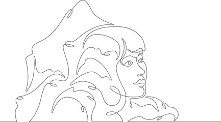 Wall Mural - Rock in the shape of a woman's head. Mountain with a human face. Cliff female face.One continuous line drawing on a white isolated background. Minimalism linear illustration.