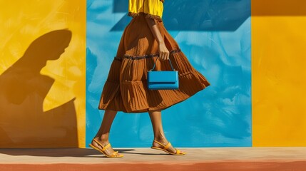 Wall Mural - A woman is wearing a brown and yellow dress with summer shoes. She is also carrying a blue clutch bag.