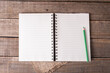 © arieldufey - Spiral notebook with lined pages available and a green pencil on rustic wood.