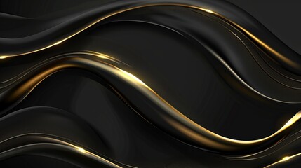 Poster - abstract 3d black background with gold lines in curved wavy sparkle design featuring copy space for 