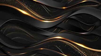 Poster - abstract 3d black background with gold lines in curved wavy sparkle design featuring copy space for 