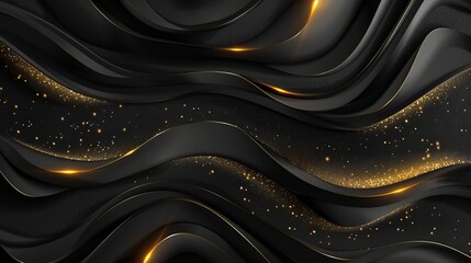 Poster - abstract 3d black background with gold lines in curved wavy sparkle design featuring copy space for 