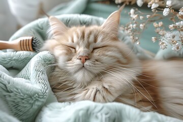 A content Scottish Fold cat enjoys a grooming session on a soft blanket.