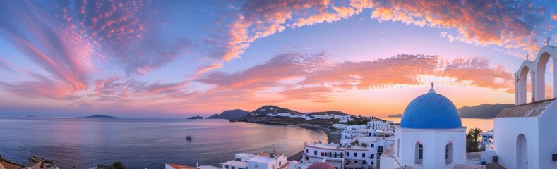 Poster - Sunset over the Aegean Sea and a Greek Island Village