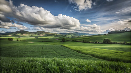 Wall Mural - natural destination panoramic landscape, green grass field, Hills and mountains