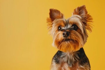 Wall Mural - Portrait of Yorkshire Terrier on yellow background.