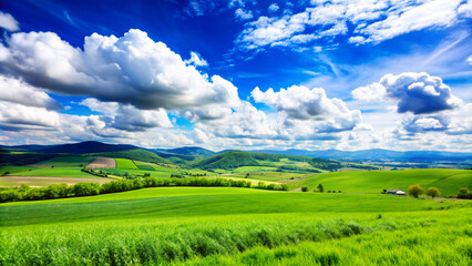 Wall Mural - natural destination panoramic landscape, green grass field, Hills and mountains