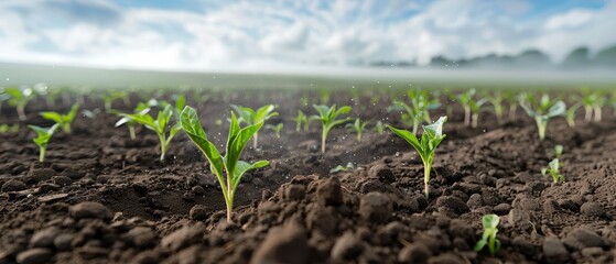 Young green seedlings sprouting in a fertile farm field, leading lines towards the horizon under a cloudy sky, symbolizing growth and agriculture.