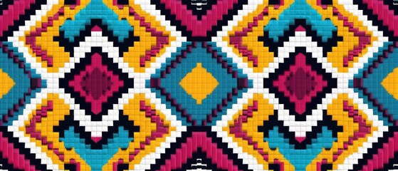 Wall Mural - Vibrant ethnic geometric pattern in cross stitch, featuring bright colors and detailed stitching