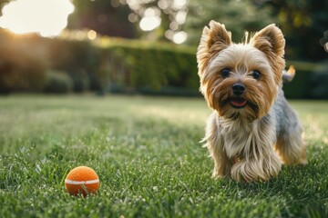 Wall Mural - Yorkshire Terrier playing with ball on grass in park.