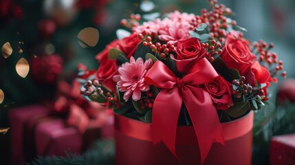 Red Luxury Bouquet in Gift Box with Bow