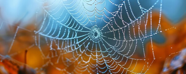 A close-up of a spider web covered in morning dew.