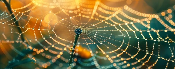 A close-up of a spider web covered in morning dew.