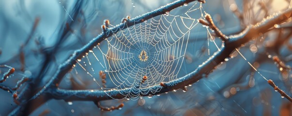 A close-up of a spider weaving its web between two branches.