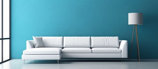 Poster - Minimalist Living Room Interior Design with White Sofa and Blue Wall