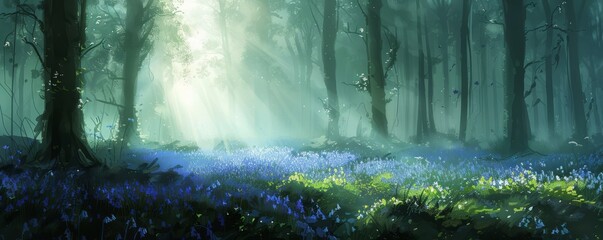 Wall Mural - A misty morning in a serene bluebell forest.