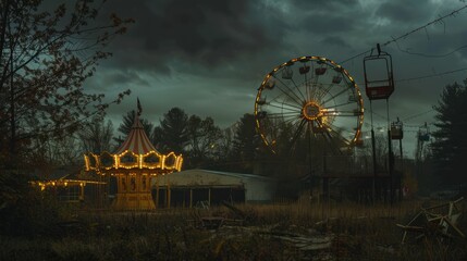 Old carnival with a ferris wheel on a cloudy night. 3D rendering