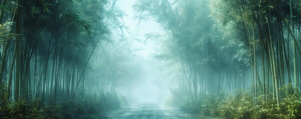 Wall Mural - A foggy morning in a serene bamboo forest.