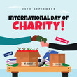 © Sabeen - International day of charity, 5th september conceptual banner, post. Day of Charity banner with different charity boxes, one hand giving money other receiving it. The day honors Mother Teresa.