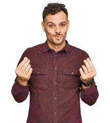 Poster - Young hispanic man wearing casual clothes doing money gesture with hands, asking for salary payment, millionaire business