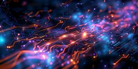 A stylized abstract representation of technological concepts in computer architecture and artificial intelligence.
