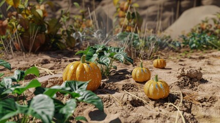 Wall Mural - Pumpkin seeds in a garden in a desert environment, showing growing techniques in arid climates. generative ai