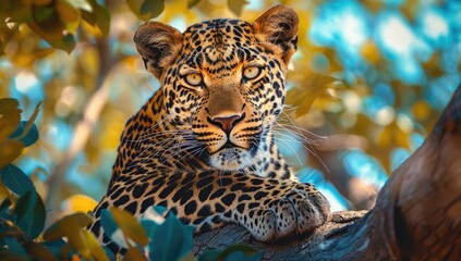 A leopard lounging on the branches of an acacia tree, its spotted coat glistening in sunlight, ready to inspect birds and small animals below. The background is blurred with leave and sky.