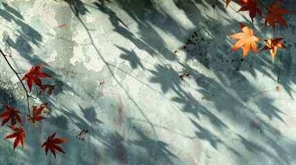Wall Mural - maple tree leaves casting shadow on wall in abstract autumn scene