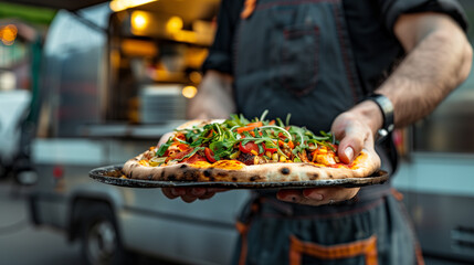 chef hands gives a pita mini pizza to man from food