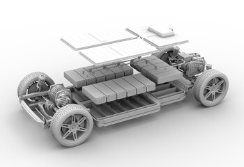 Exploded view of electric vehicle chassis equipped with battery pack on gray background. Clay rendering style. 3D rendering image.