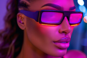 Wall Mural - Stylish woman in pink sunglasses with neon lighting creating a bold and fashionable visual