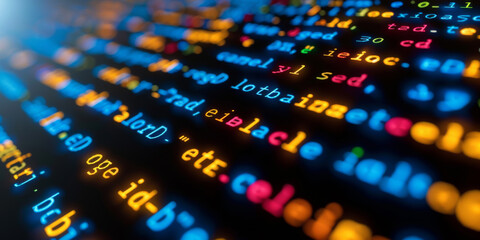 creative digital programming language on dark background. software developer and html concept. 3d re