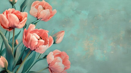 Wall Mural - Vintage floral background with pink peony tulips on turquoise background for card template Suitable for various occasions