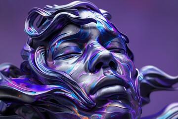 Sticker - Surreal metallic face sculpture with vibrant colors creating a futuristic and artistic visual