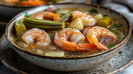 Wall Mural - Mouthwatering shrimp stew in rustic bowl with vegetables and spices healthy homemade comfort food seafood delicacy