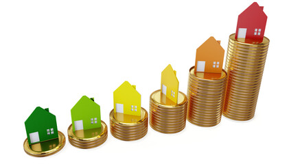 simplified house symbols on golden coins, rising prices or rising interest rates or real estate market as well as house building costs and real estate prices are rising