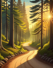 Wall Mural - Sunbeams pierce a lush forest with a winding dirt road