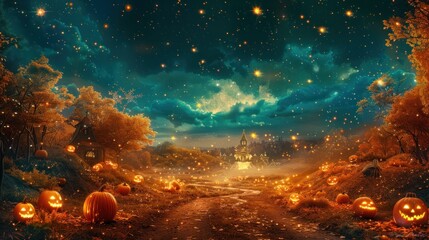 Wall Mural - A Halloween scene with a path of pumpkins and a castle in the background. Scene is spooky and festive