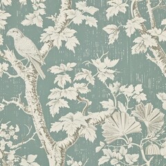 Wall Mural - A light blue and green vintage wallpaper with birds and Victorian style