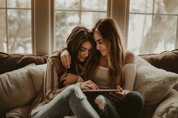 Two friends sitting on a cozy couch, enjoying quality time together bonding concept