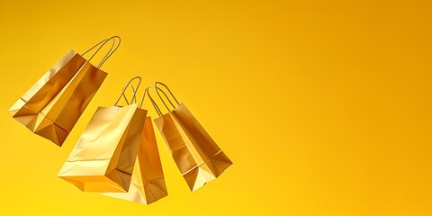 Golden paper bags in free fall on a yellow background, perfect for sale promotion banners with copy space, ultra-realism in 8K.