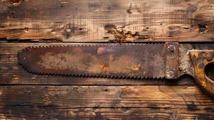 Vintage handsaw blade on wooden table with copy space