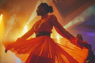 Wall Mural - Vibrant portrait of woman in orange flowing dress with dramatic lighting creating a bold and artistic visual