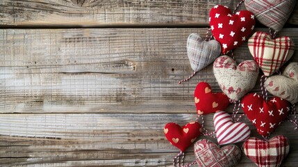 Poster - Valentine s Day Card Background Featuring Fabric Hearts on Wooden Background with Focus